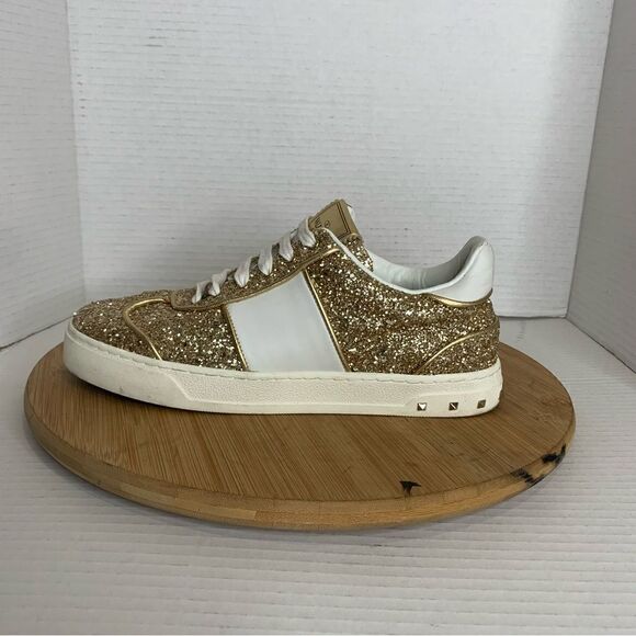 VALENTINO GARAVANI Rock Studs Glitter Sneakers Low Cut Race Up 38.5 Gold Ladies